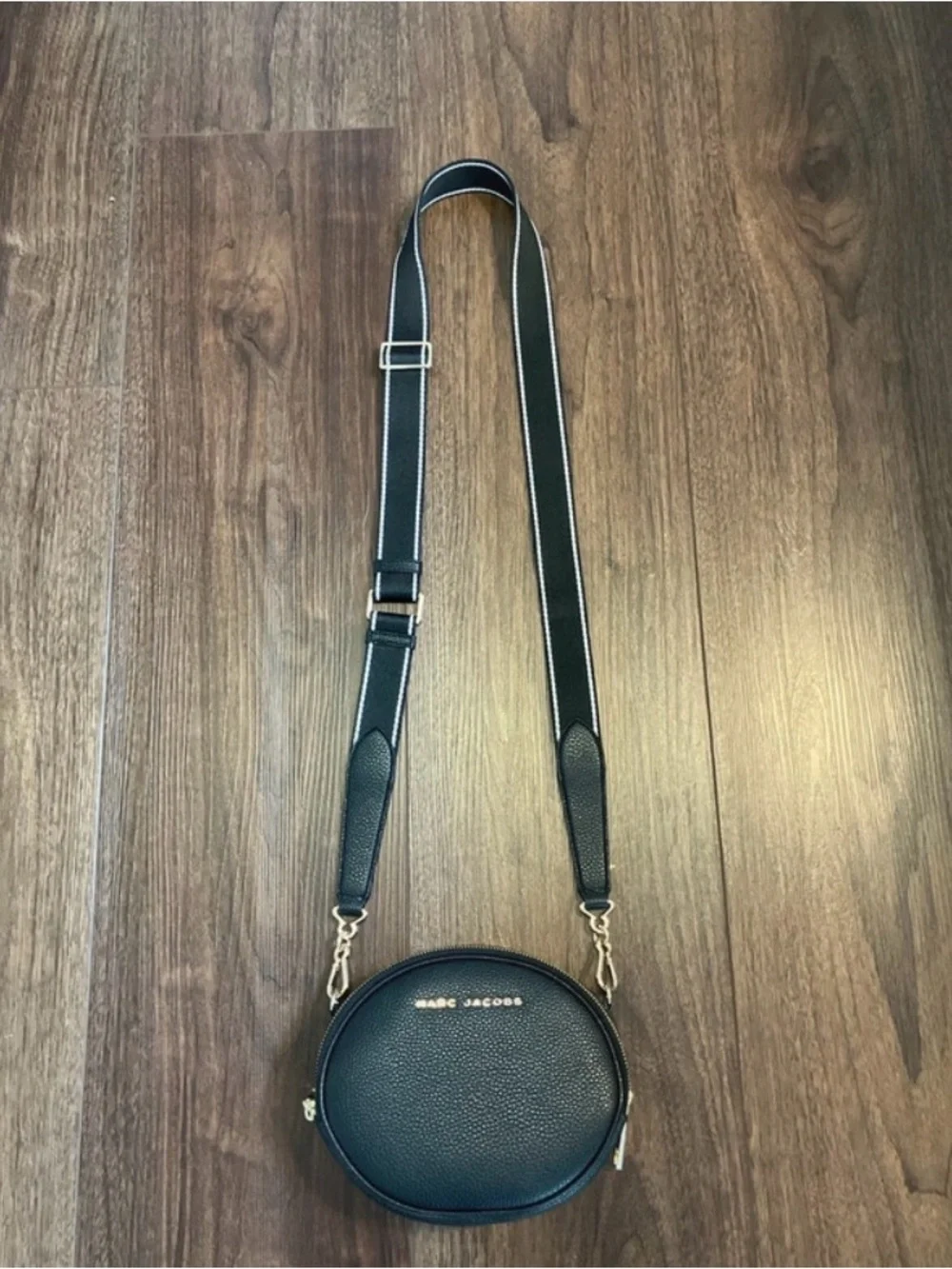 Marc Jacobs Black Pebbled Leather Oval Crossbody with Striped Strap - Picture 13 of 15